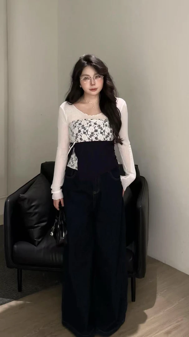 【大小姐】性感纯欲风甜美少女感蕾丝拼接开叉撞色抹胸背显瘦上衣