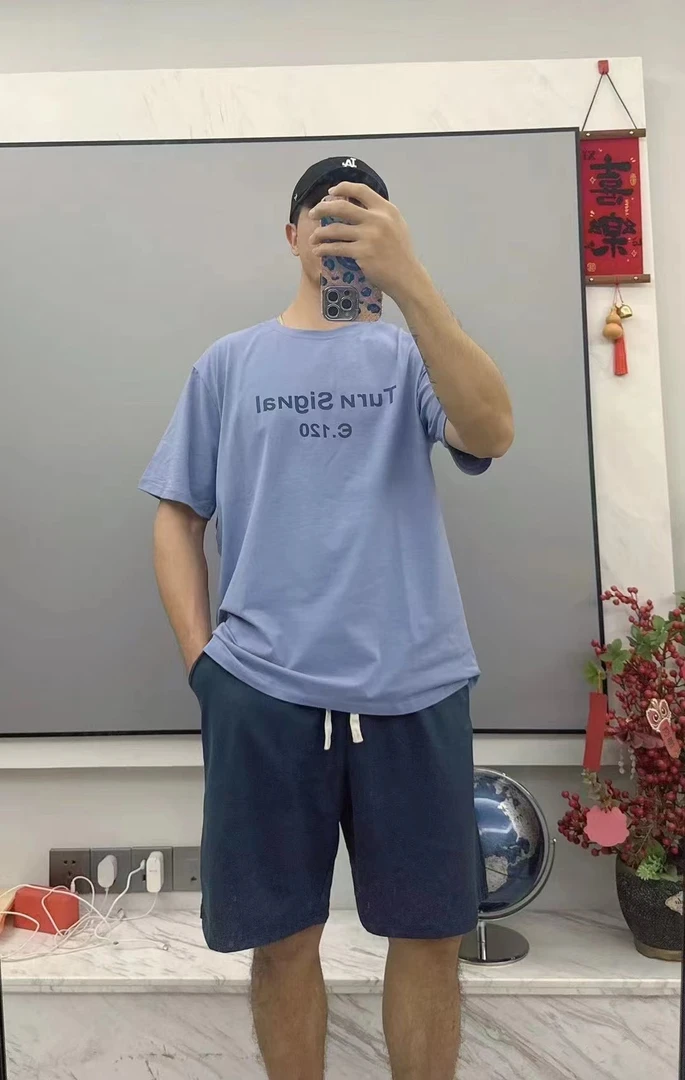 觅裳家 【男士套装】5042夏季新款男士冰瓷棉字母运动套装