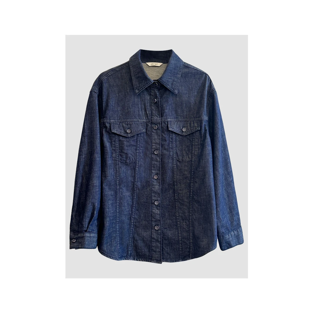 加州牛仔 美式复古深蓝牛仔衬衫春季百搭宽松休闲牛仔外套女