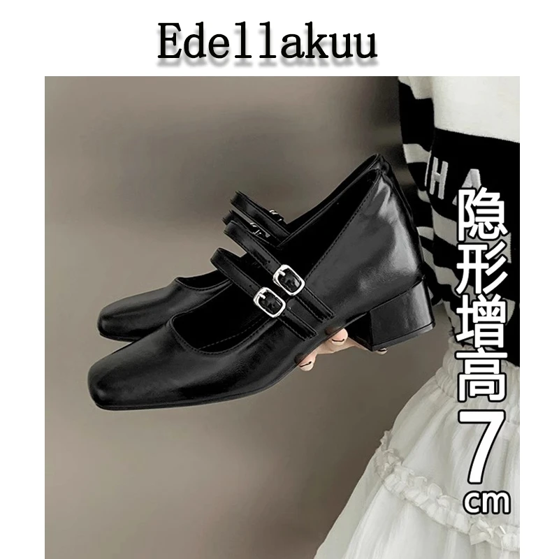 复古内增高玛丽珍奶奶单鞋女2025新款小个子法式软皮粗跟不累脚