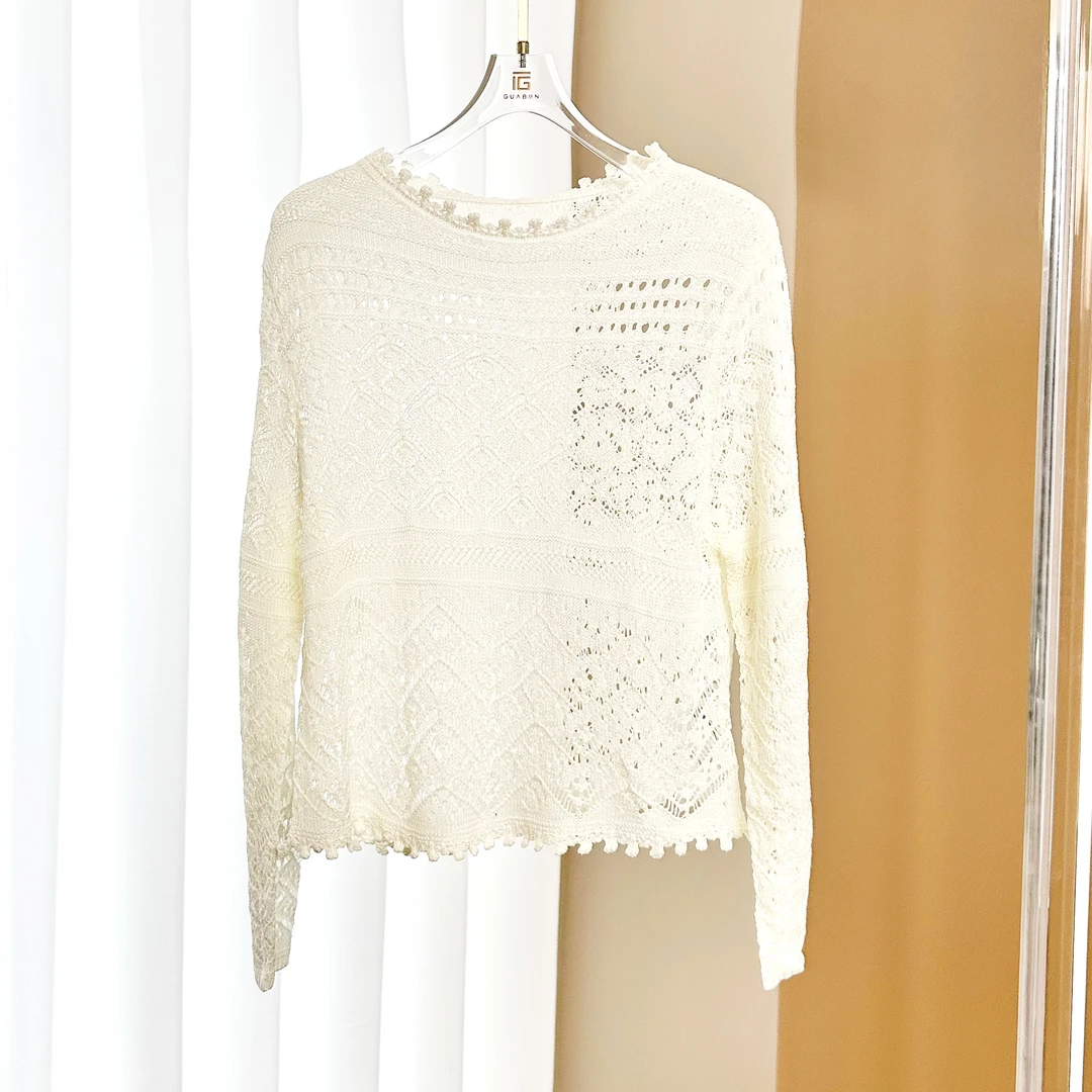 GUABMN2025夏季新品镂空白色气质套头一字领时尚长袖针织衫3152
