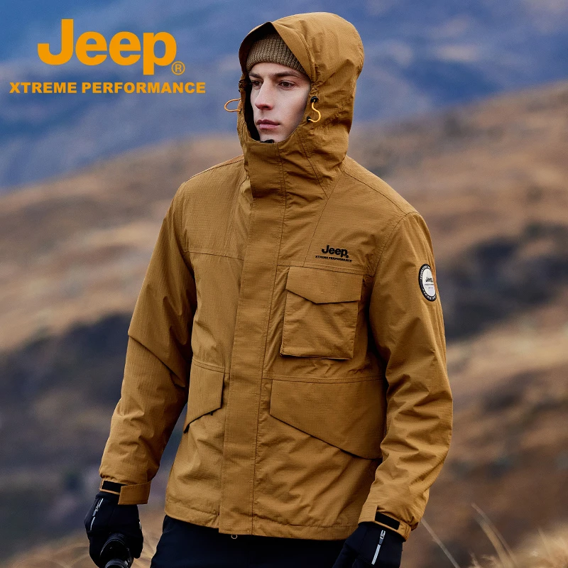 JEEP/吉普户外机能风防水冲锋衣加绒保暖防寒连帽休闲运动外套