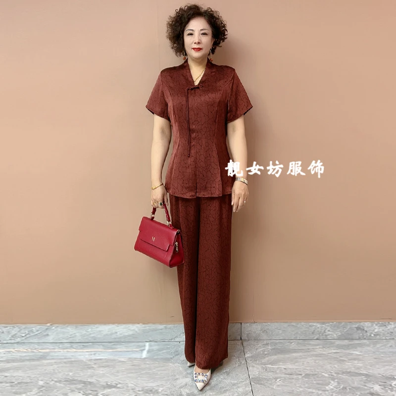 中式旗袍衫休闲阔腿裤妈妈两件套裤夏季新款阔太太轻奢上衣套装女