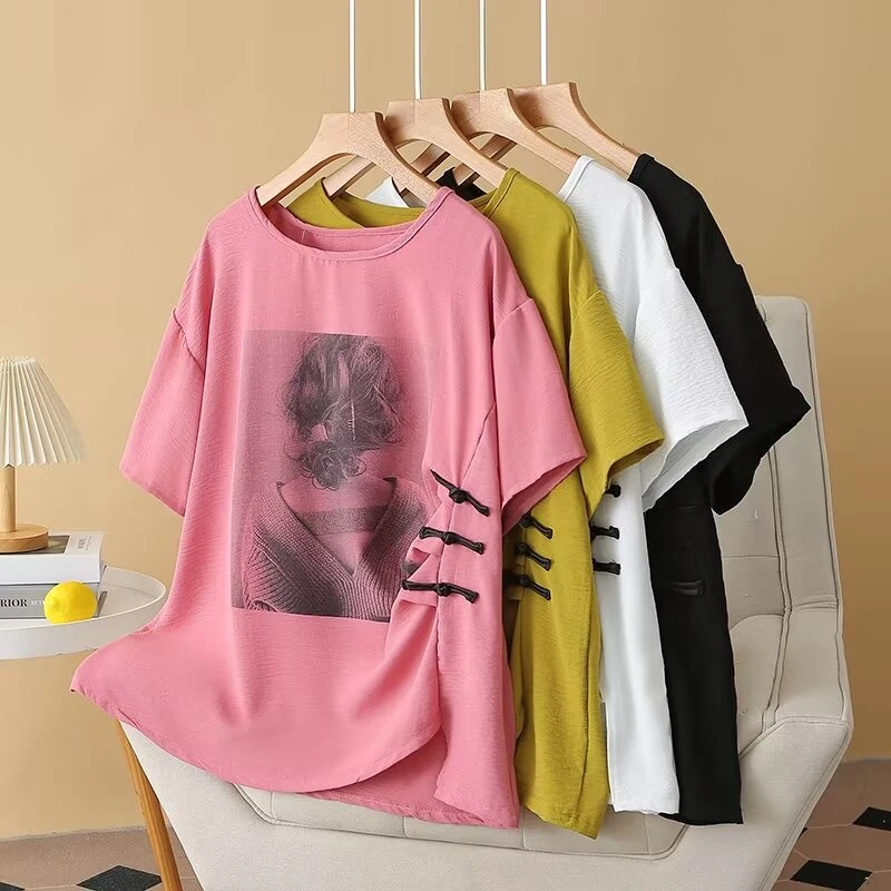 KSS9198时尚女郎印花设计感T恤大码女装盘扣褶皱上衣休闲套头衫夏