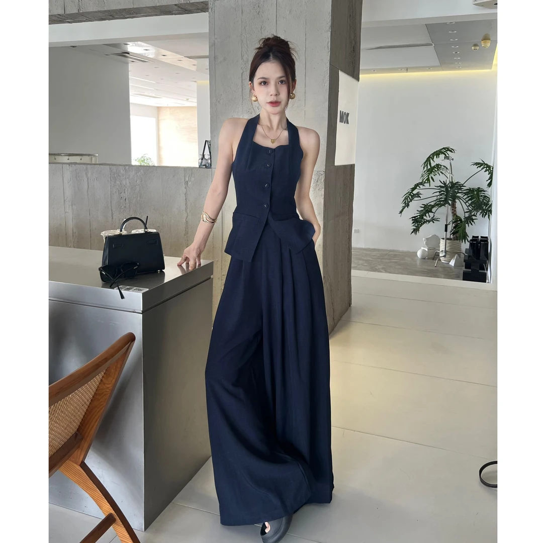 夏季方领吊带收腰上衣直筒阔腿裤法式套装高腰小众气质显瘦时尚