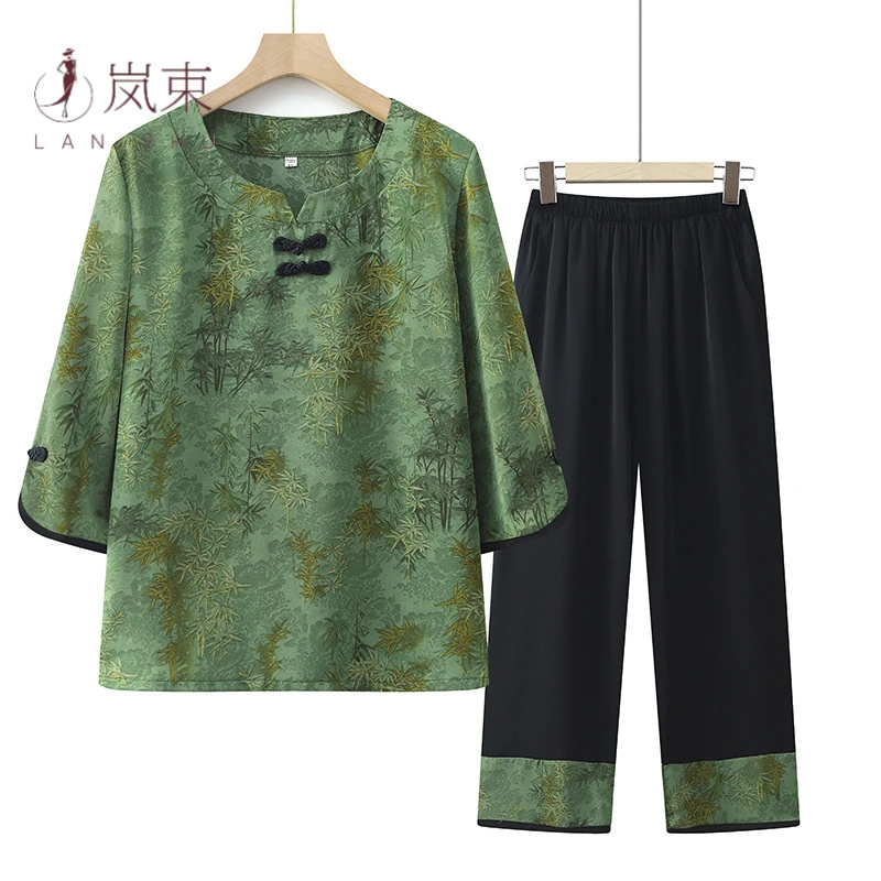 新款透气妈妈装七分袖奶奶T恤裤老太太夏装套装宽松舒适