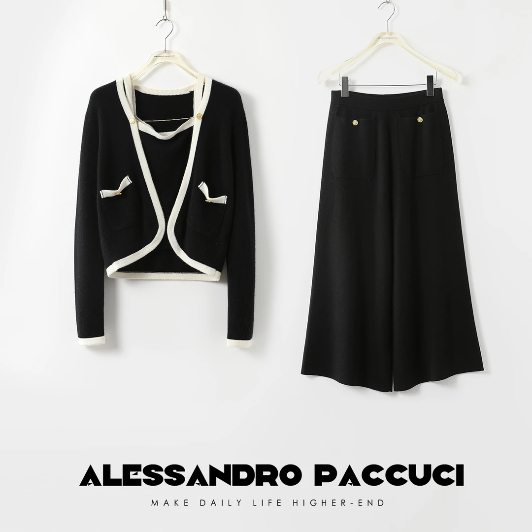 AP洛哥24631X【套装销售】 羊绒时尚百搭撞色针织衫三件套