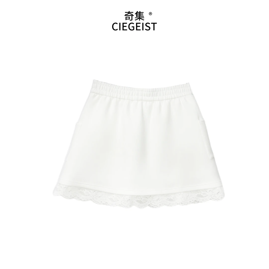 2025夏季设计师款A字版松紧腰拼接蕾丝边大口袋显瘦百搭短裙9931
