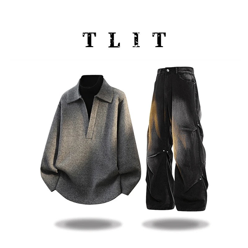 【品牌正品现货】TLIT秋冬季新款假两件毛衣男休闲时尚高档拼接衬衫