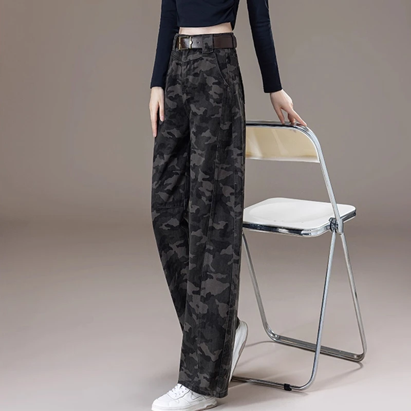 春秋2025高腰减龄百搭迷彩显瘦时尚宽松百搭阔腿裤牛仔裤长裤