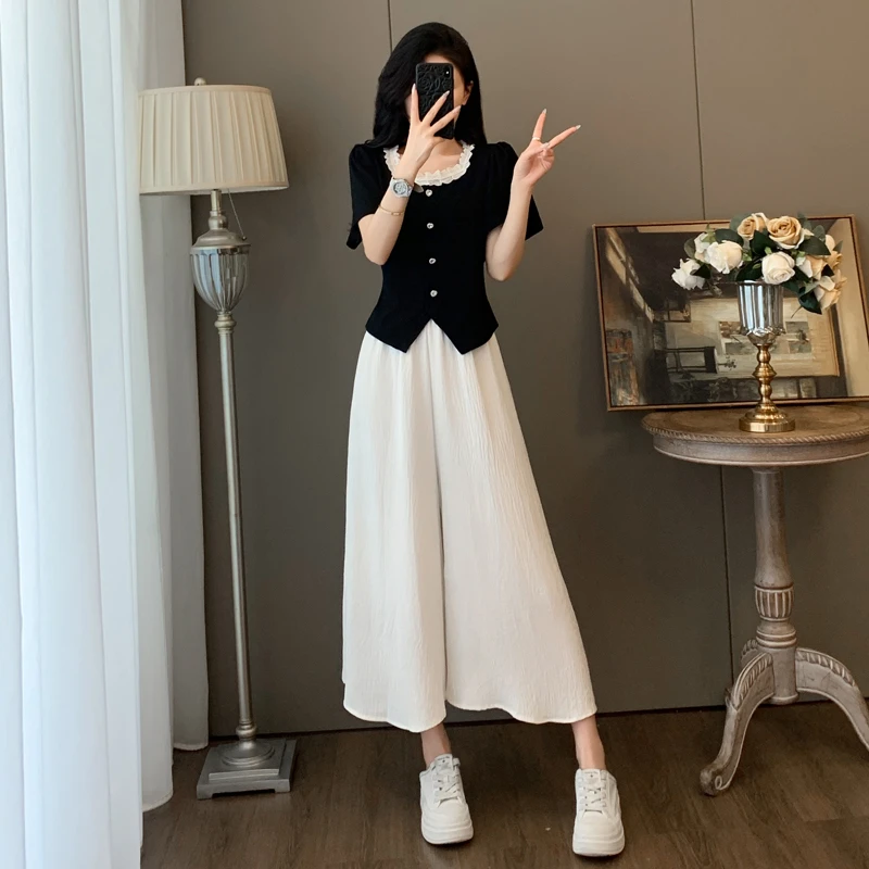 法式漂亮时尚套装女夏显瘦高级感小香风圆领上衣阔腿裙裤两件套