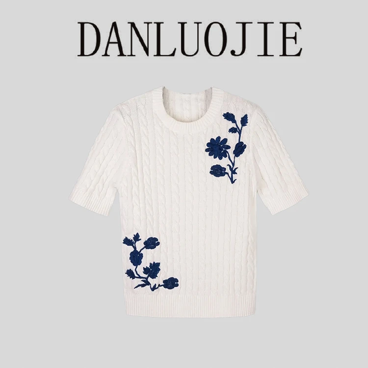 丹珞婕 围炉煮茶 刺绣精梳棉 立体水溶绣花优雅针织衫 夏季 百搭