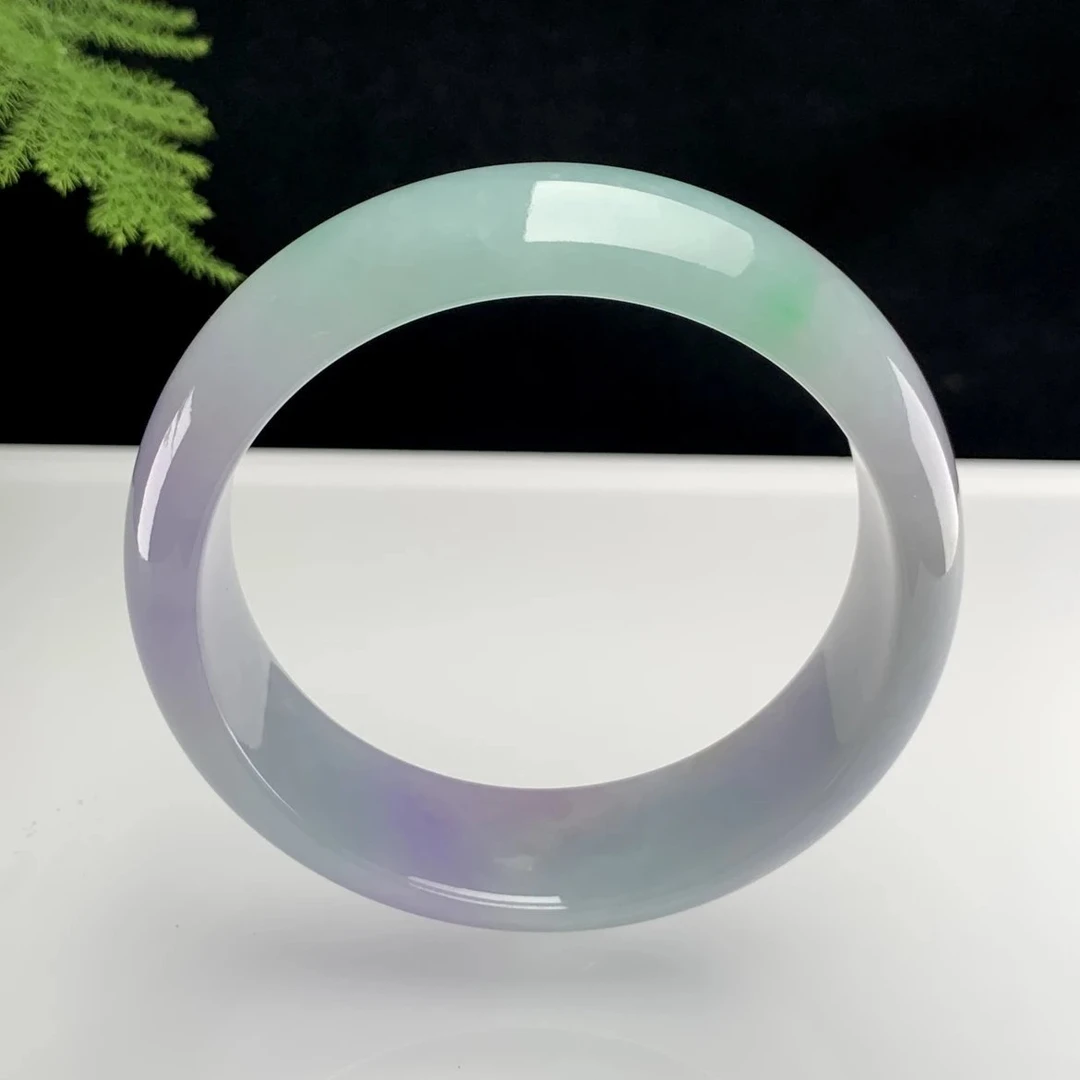 天然翡翠手镯A货冰透女款飘绿飘紫春带彩