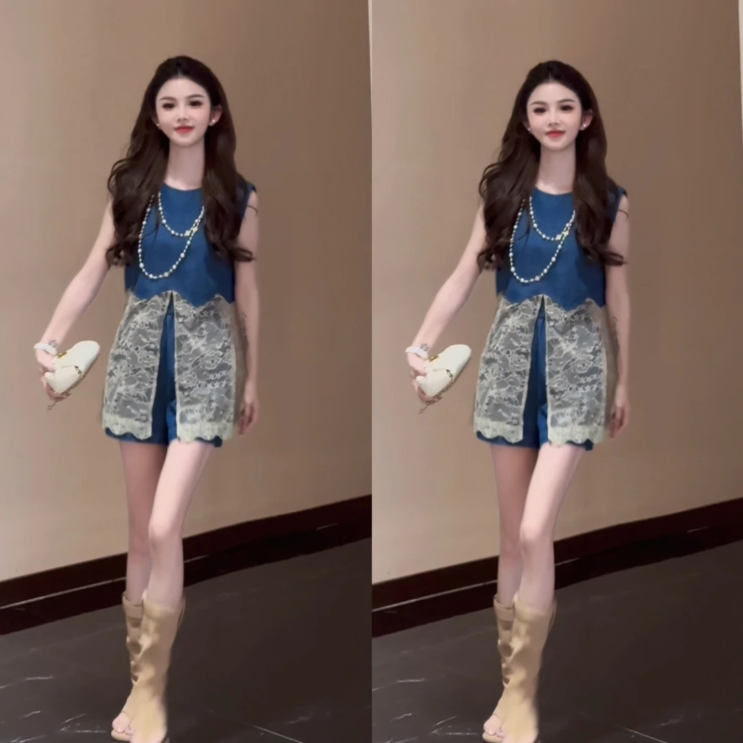 法式小资女2025夏季新款韩系chic小众牛仔蓝蕾丝拼接两件套