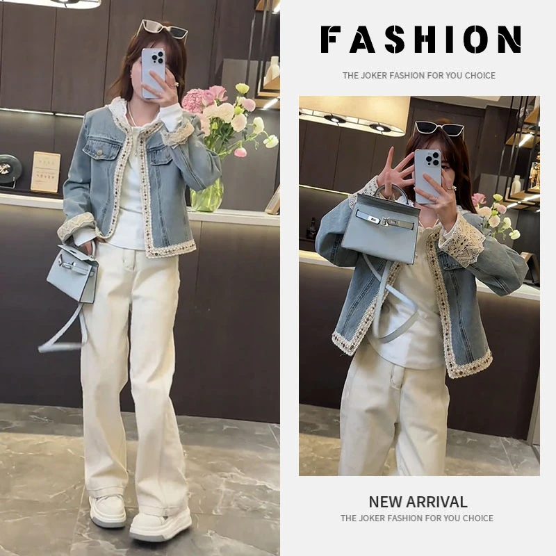 早春一整套女装2025新款韩版蕾丝牛仔外套连帽内搭百搭长裤三件套