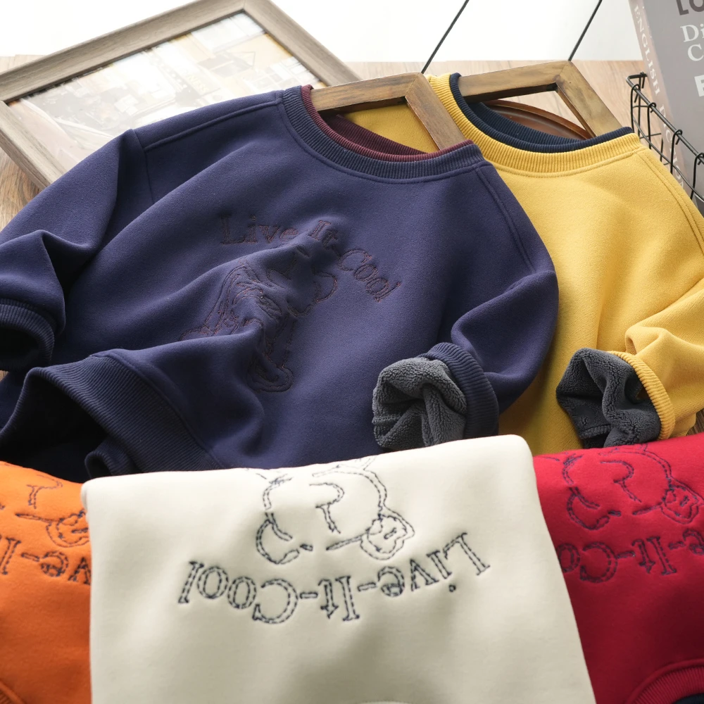 儿童小熊刺绣假两件加绒卫衣中大童秋冬款圆领百搭上衣5551