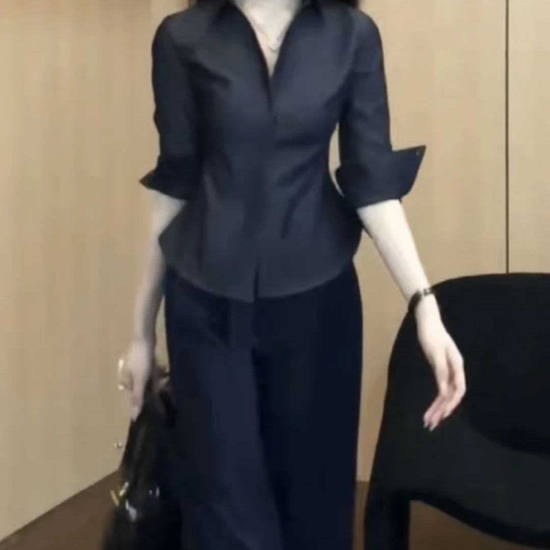 新款气质轻职风衬衫上衣高腰直筒裤女装