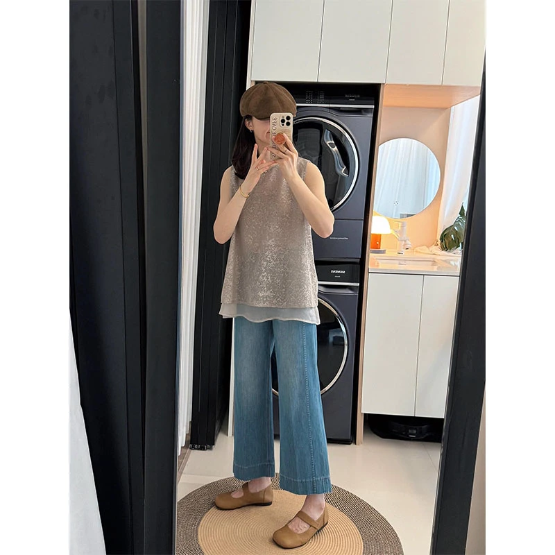 韩系设计感小众洋气时髦宽松显瘦无袖上衣高腰直筒牛仔裤套装新款