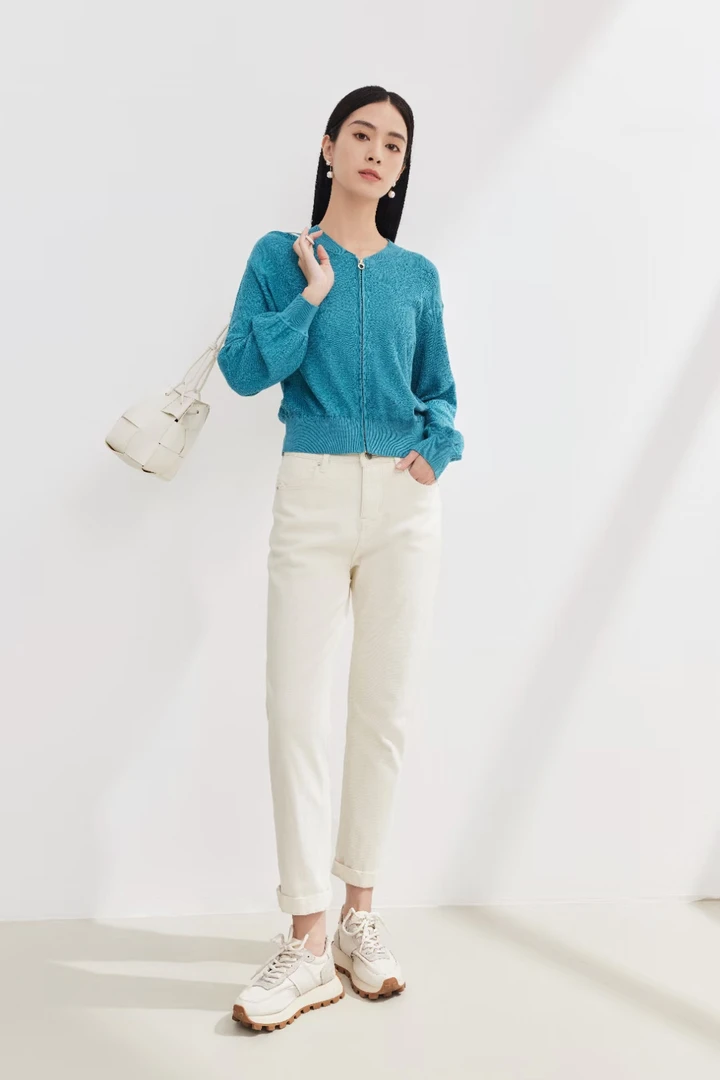 秋波蓝拉链式针织开衫外套