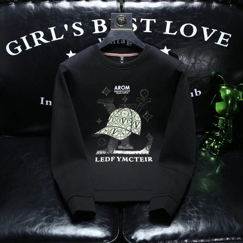 HAMOLENA卫衣男士潮牌ins秋季新款高端烫钻上衣休闲圆领长袖t恤