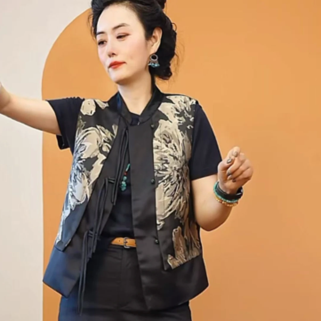 中国风绿扣气质印花马甲