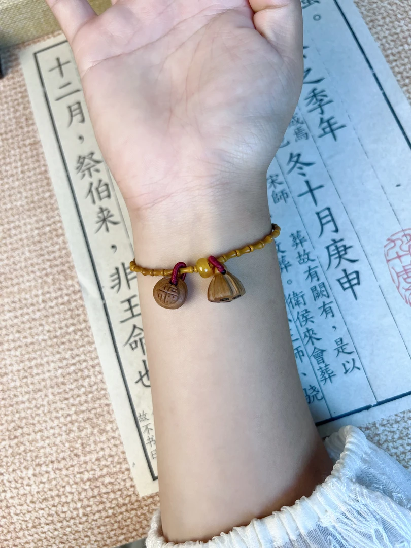 「竹节好运连连」桃木桃核手工雕刻本命年挡、辟、护弹力手链时尚百搭