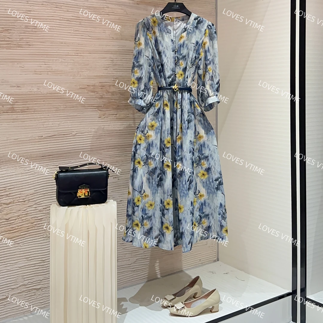 【宠粉价】不规则领型夏季碎花挂脖式连衣裙复古泡泡袖提花CO-265