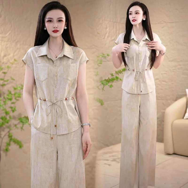 时尚洋气套装女夏装新款收腰减龄短袖衬衫休闲阔腿裤气质两件套潮
