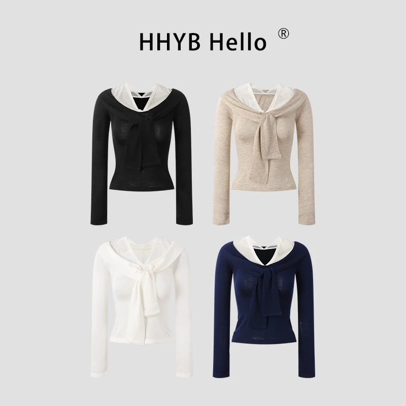 HHYB Hello2025纯欲风辣妹慵懒休闲卡其色飘带v领长袖针织衫M1279