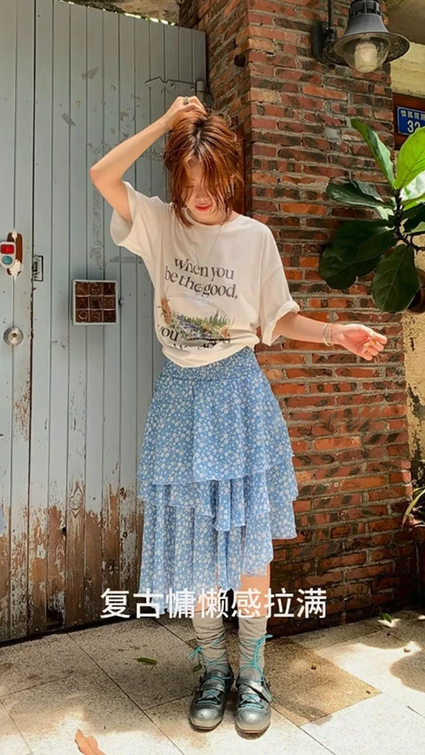 大码甜美法式蓝色碎花半身裙新款小个子松紧腰甜美不规则蛋糕裙