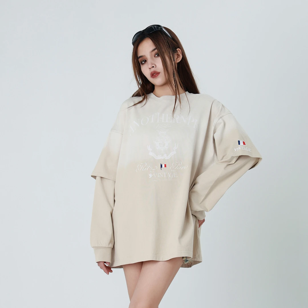 美式街头设计感假两件oversize宽松长袖T恤AD122C1341