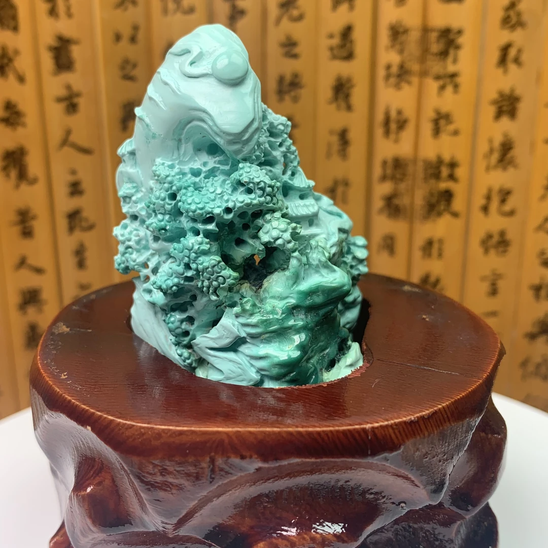 湖北天然原矿绿松石文房精品精工巧雕山水意境小摆件手把件摆案