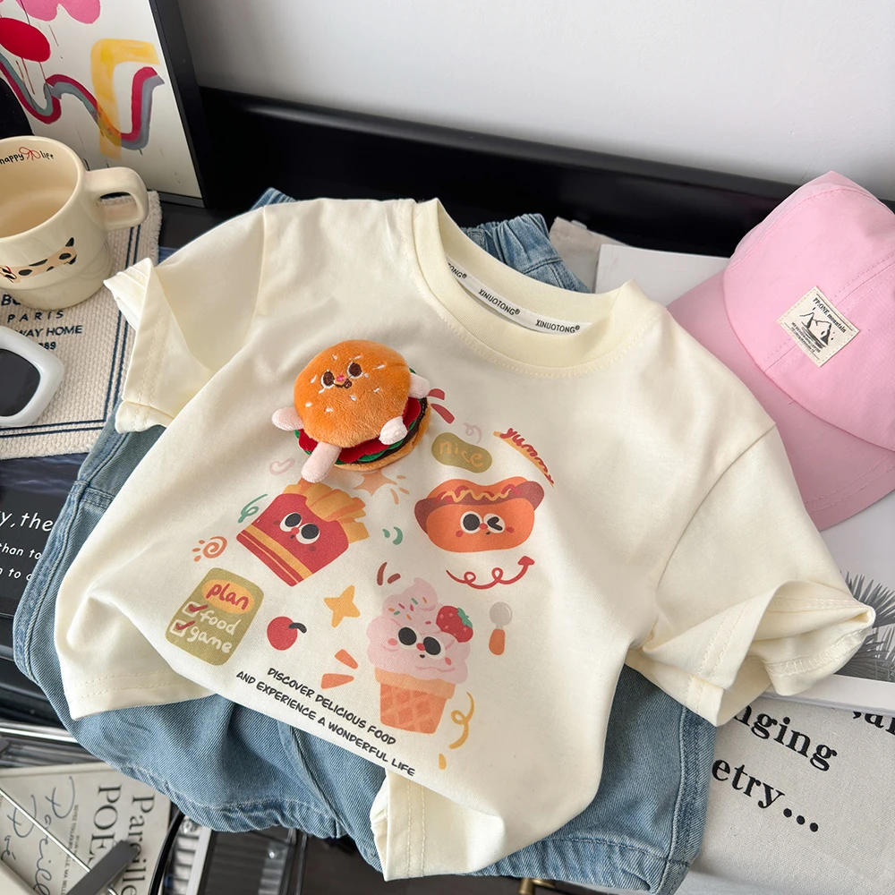 （亲子装）2025新款儿童时尚印花立体玩偶百搭休闲短袖卡通T恤纯棉