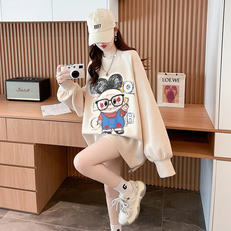 2025秋冬新款卡通加绒上衣女oversize宽松不规则开叉长袖卫衣外套