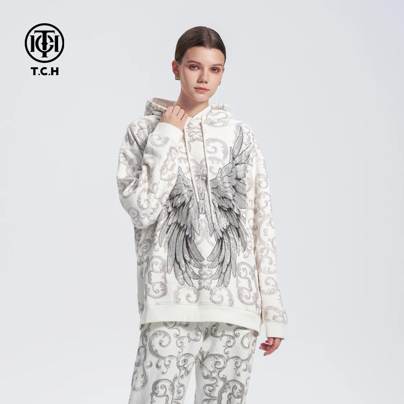 轻奢TCH烫钻图腾翅膀休闲百搭潮牌连帽卫衣男女同款T72C126011