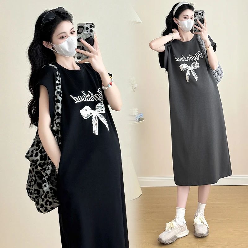 孕妇夏装宽松大码外穿连衣裙圆领T恤裙夏季时尚蝴蝶结印花开叉裙
