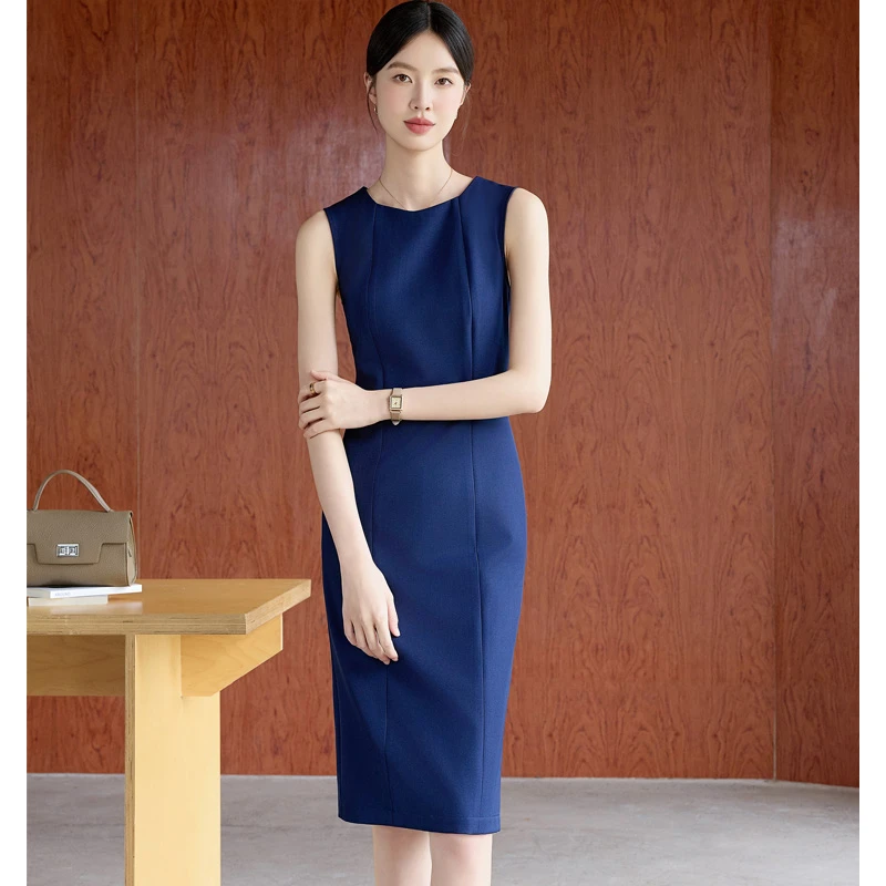 高端无袖连衣裙女时尚职场通勤一步裙收腰商务气质西装中长裙901