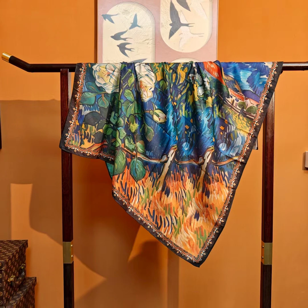 新款【  油画小镇】90*90重磅香云丝毛高货重磅国风高端丝巾-K3