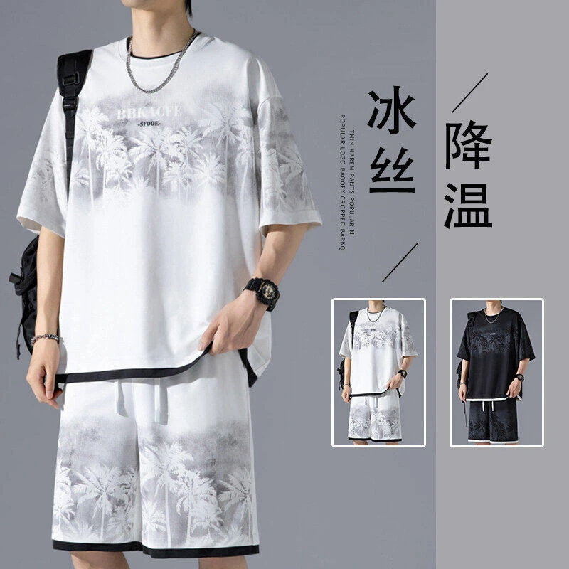 明尼凯冰丝休闲套装男夏季新款t恤夏装短袖潮牌大码男装青少年