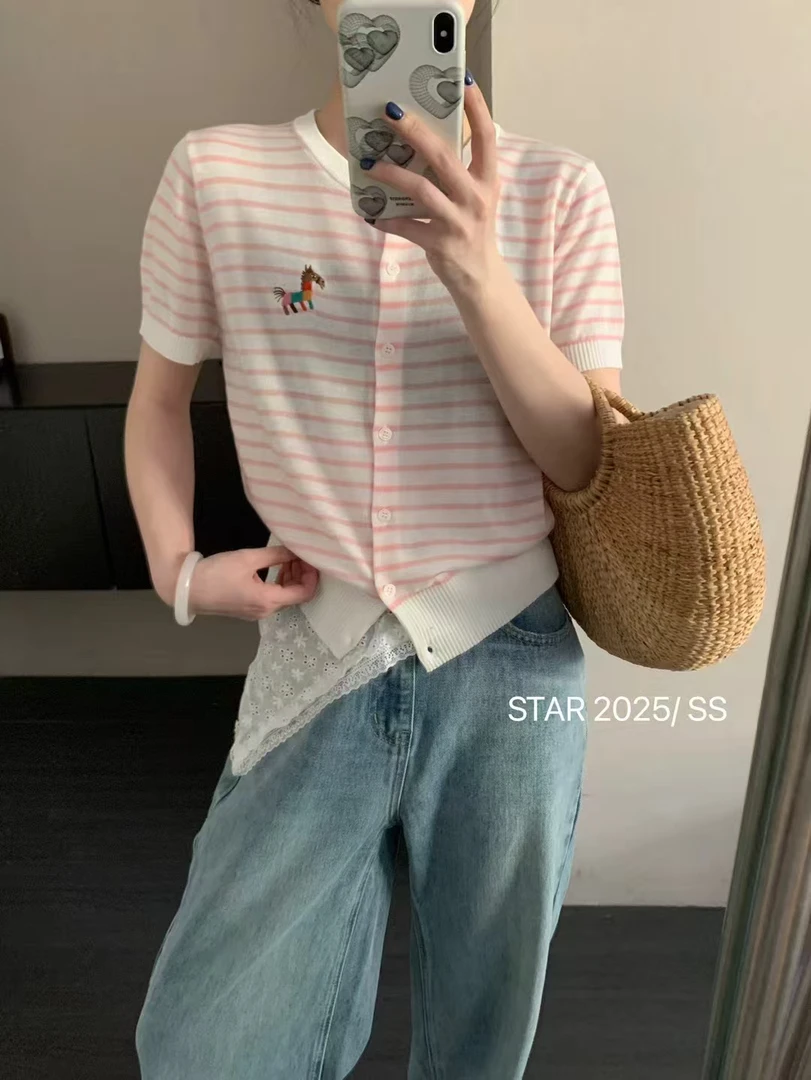 夏日Bi备！韩系薄款冰麻凉感刺绣条纹短袖t#5115