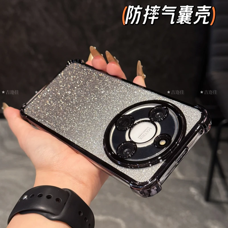 吉迩佳适用荣耀X70四角防摔手机壳x60pro电镀简约闪粉透明全包壳