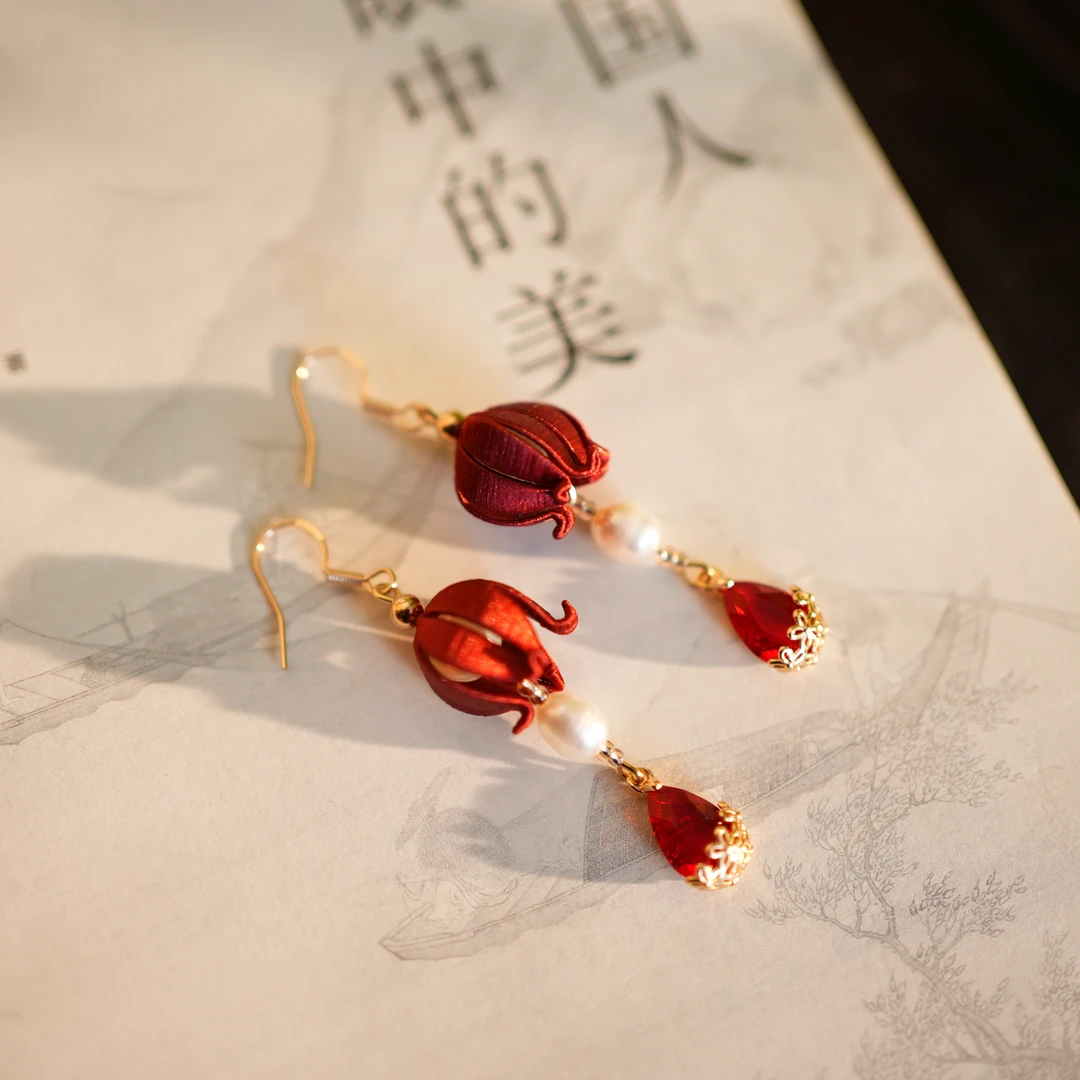 非金属布艺耳饰 【铃兰耳饰】红色 非遗手工缠花 日常国风仙女礼品