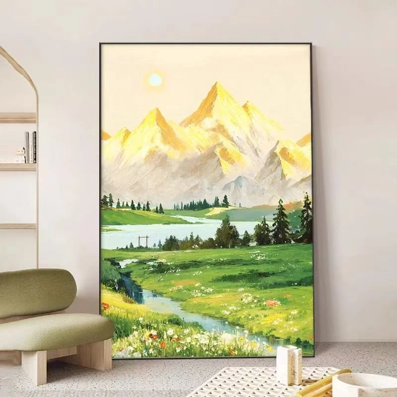 日照金山山水沙发挂画客厅背景墙挂画装饰画背景墙客厅高级感