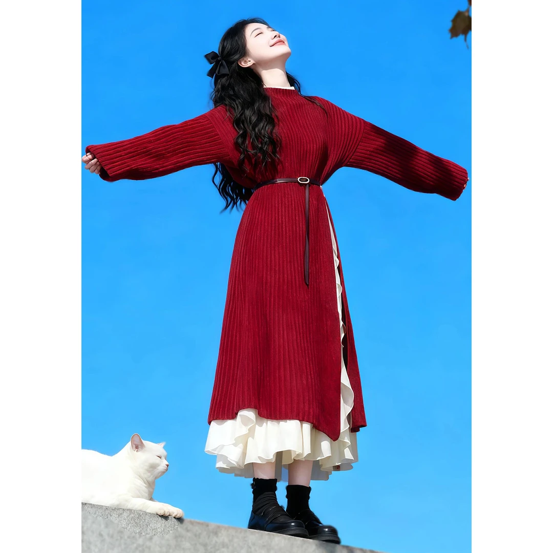 高级感红色毛衣针织连衣裙子女秋冬季2025新款配大衣内搭打底长裙