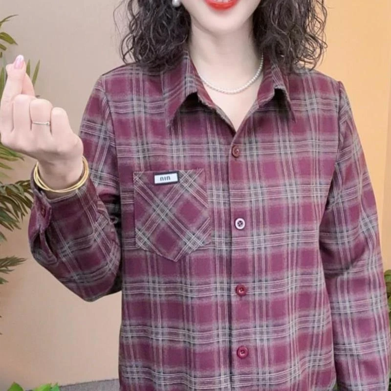 女士长袖格子磨毛衬衣秋季新款时尚长袖上衣宽松显瘦洋气减龄开衫