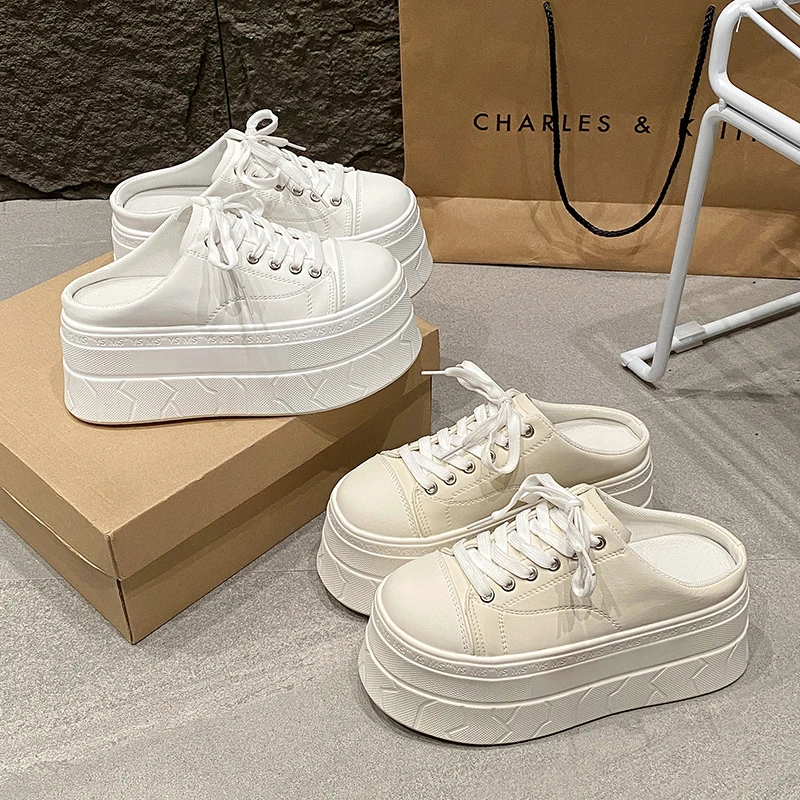 欧洲站2025春夏新款厚底小白鞋女无后跟一脚蹬懒人增高包头半拖鞋