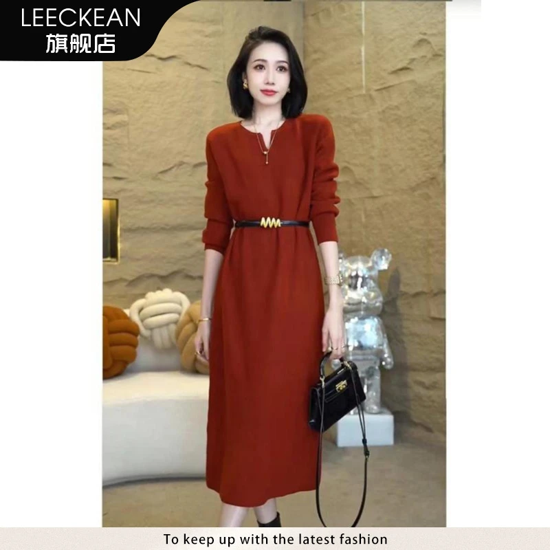 黎客大码胖mm针织连衣裙女秋季新款宽松显瘦遮肉百搭打底毛衣长裙