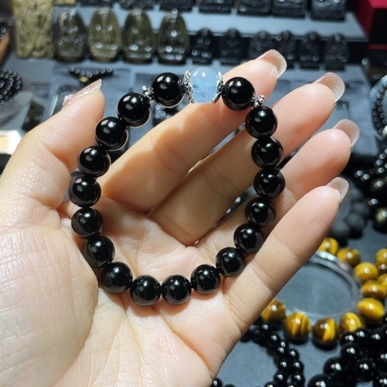 黑曜岩手串未镶嵌陈*   黑曜石海兰宝12mm