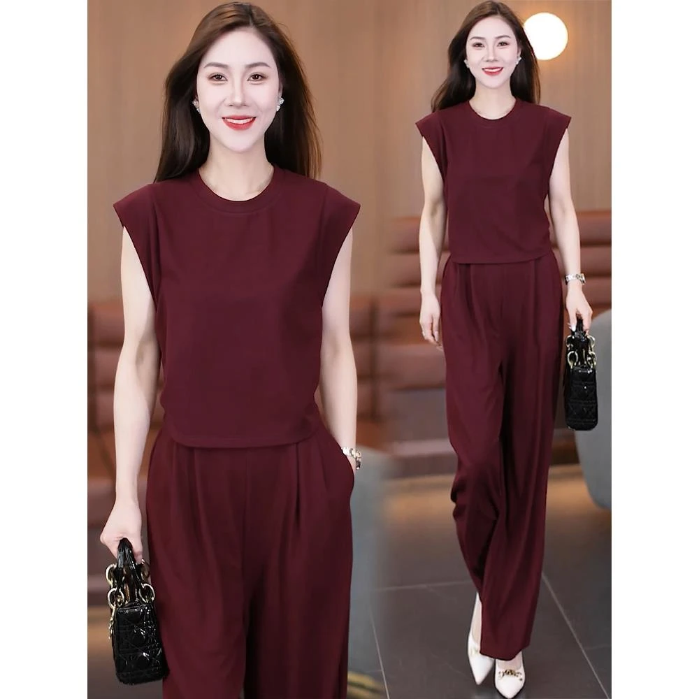 时尚套装女2025夏季新款洋气显瘦设计感短袖上衣阔腿裤两件套潮