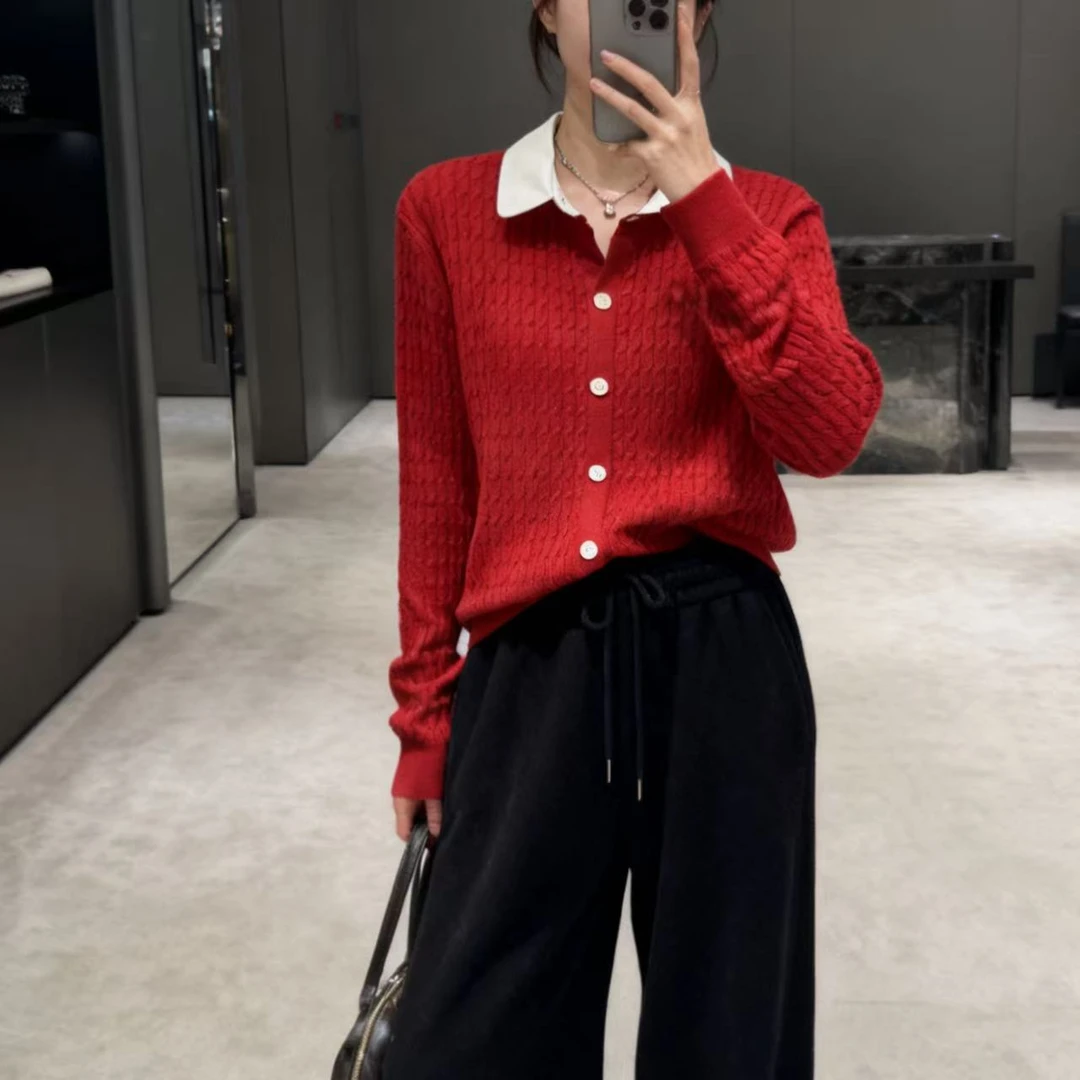 胸110-160长57温柔翻领氛围感长袖立体绞花针织上衣 4234